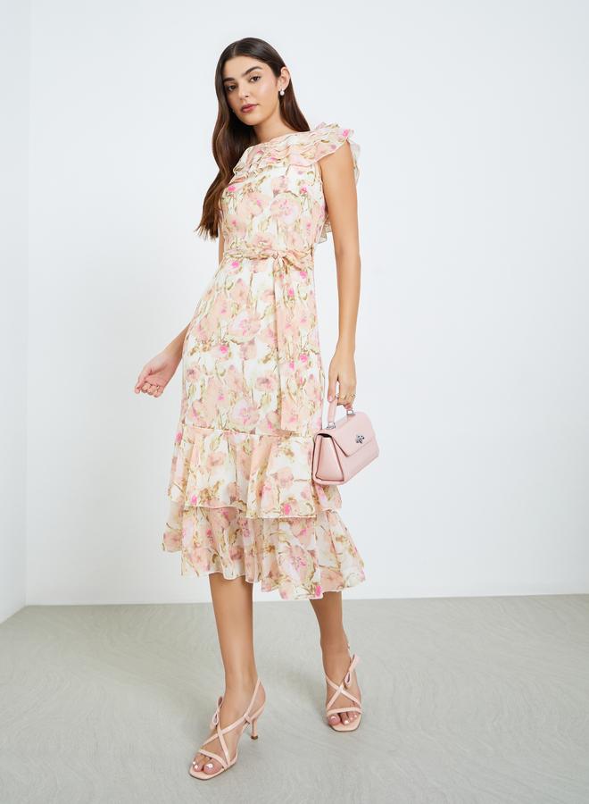 Women Floral Print Frill Sleeves Sheath Midi Dress